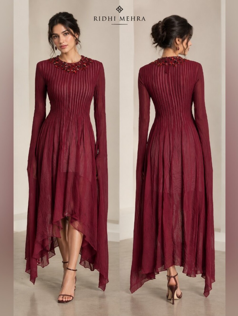 Burgundy Beaded-Neck High-Low Dress